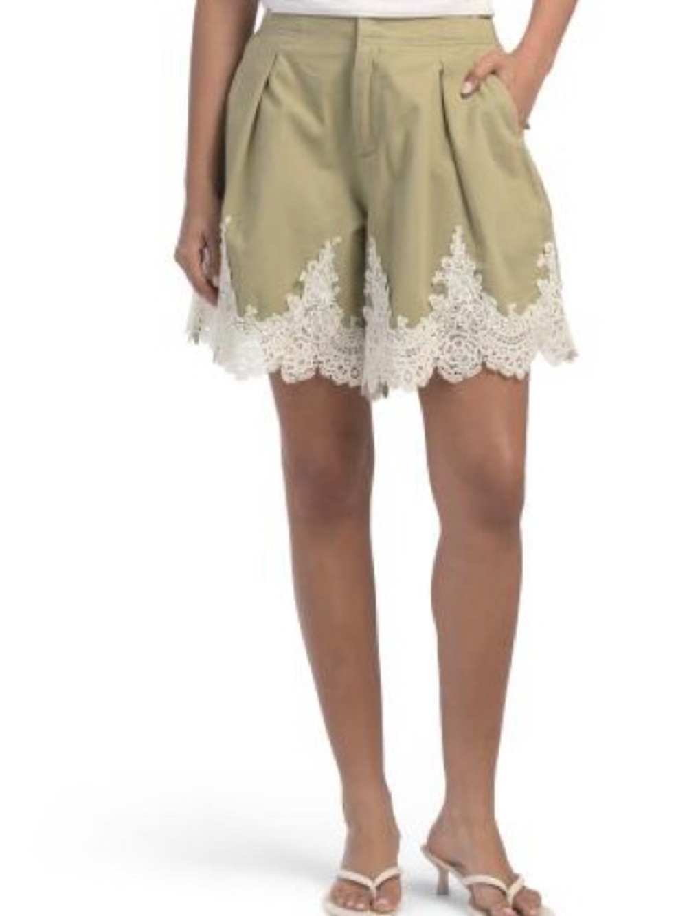 English Factory Khaki Bermuda Shorts with White Lace Trim